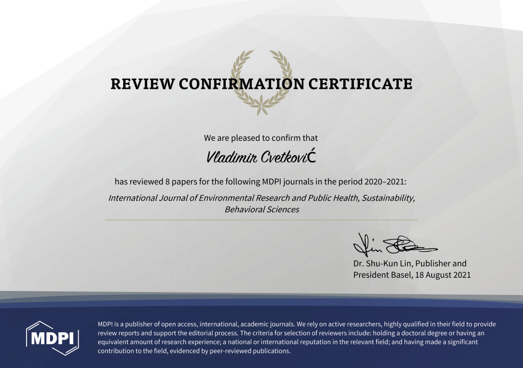 Reviewer-Certificate-5135571, Doc. dr Vladimir M. Cvetković, Fakultet bezbednosti, Assist. Prof. Vladimir M. Cvetković, Faculty of Security Studies